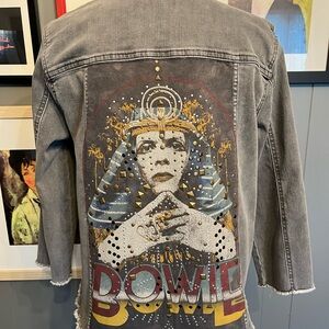 David Bowie Up-Cycled Gray Denim Jacket with Metal Embellished Design Women’s Lg